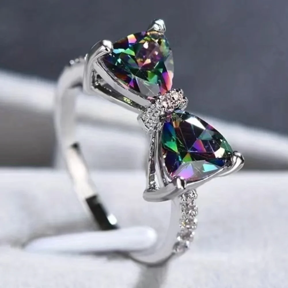 Multi Colored Inlaid Topaz Bow Designed Ring Size 8